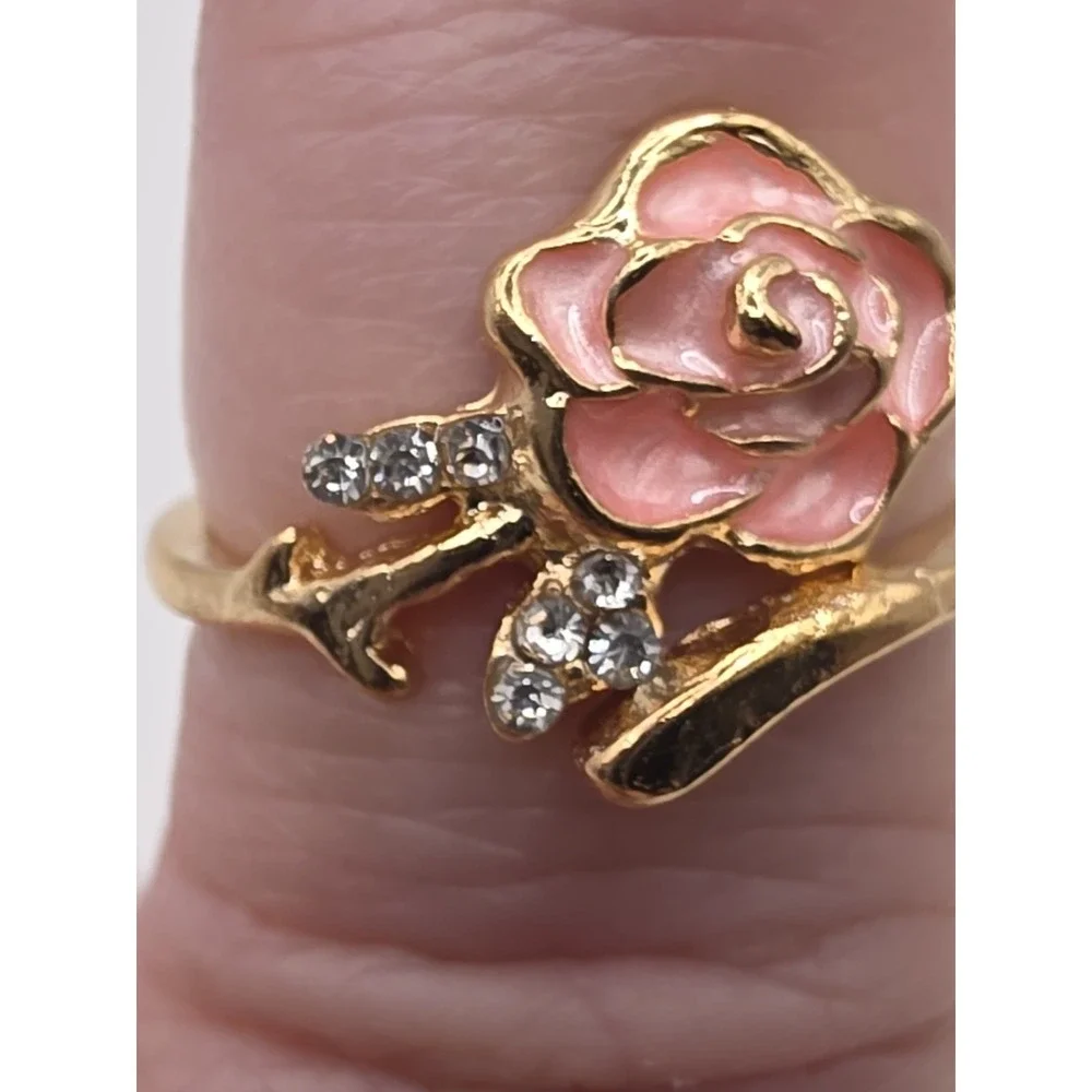 Enamel Flower Pink Rose Goldtone One Size Fits All Ring